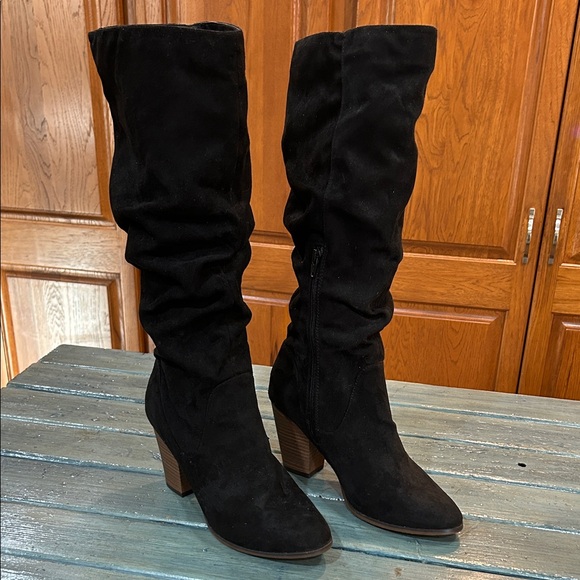 Merona Black Suede Knee-High Slouch Half Side Zip Boots Size 9.5 - Picture 1 of 10